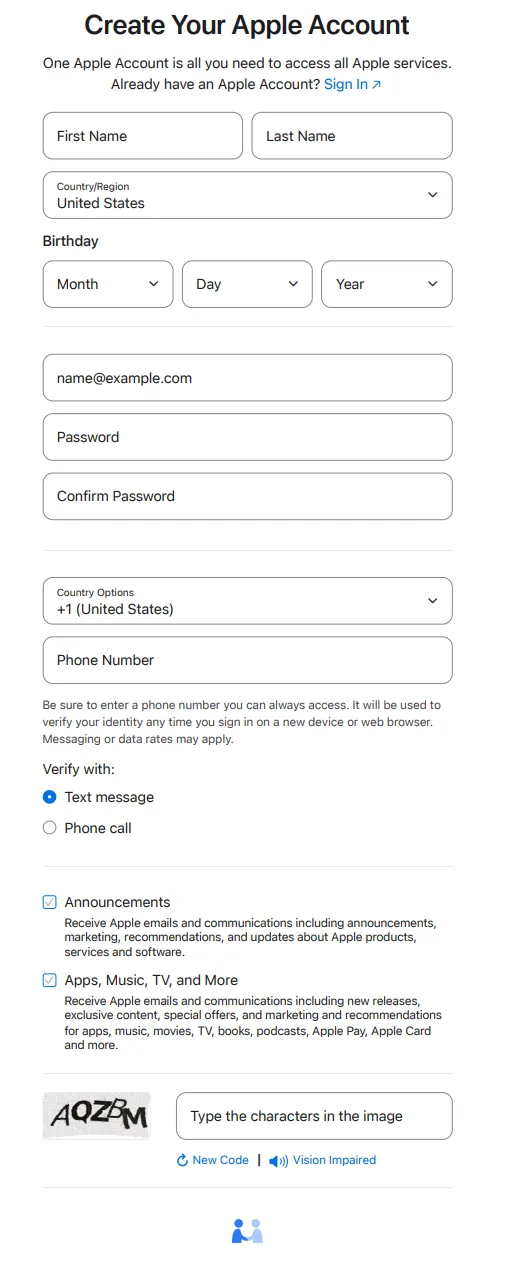 Apple Account 注册入口页面